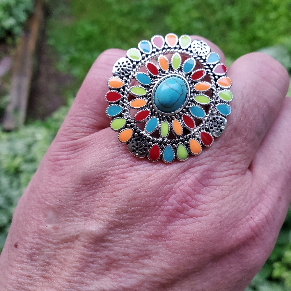 Rainbow Turquoise Sun Star Burst Free Spirit South Western People Ring
